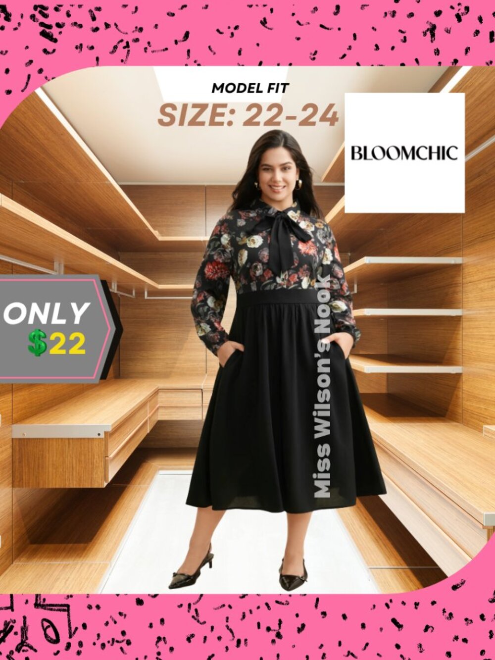 BloomChic Floral Mock Neck Tie Midi Dress Plus Size 22/24 Pockets